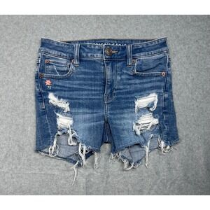 American Eagle Womens Denim Shorts Distressed Floral Embroidery Size 0